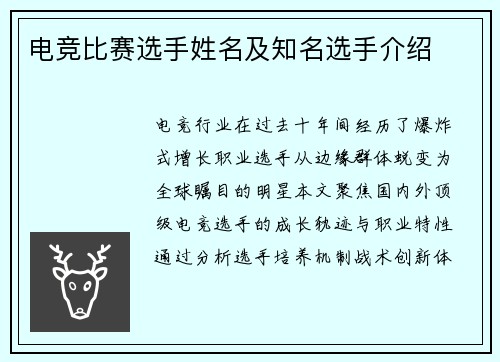 电竞比赛选手姓名及知名选手介绍