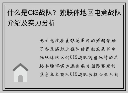 什么是CIS战队？独联体地区电竞战队介绍及实力分析
